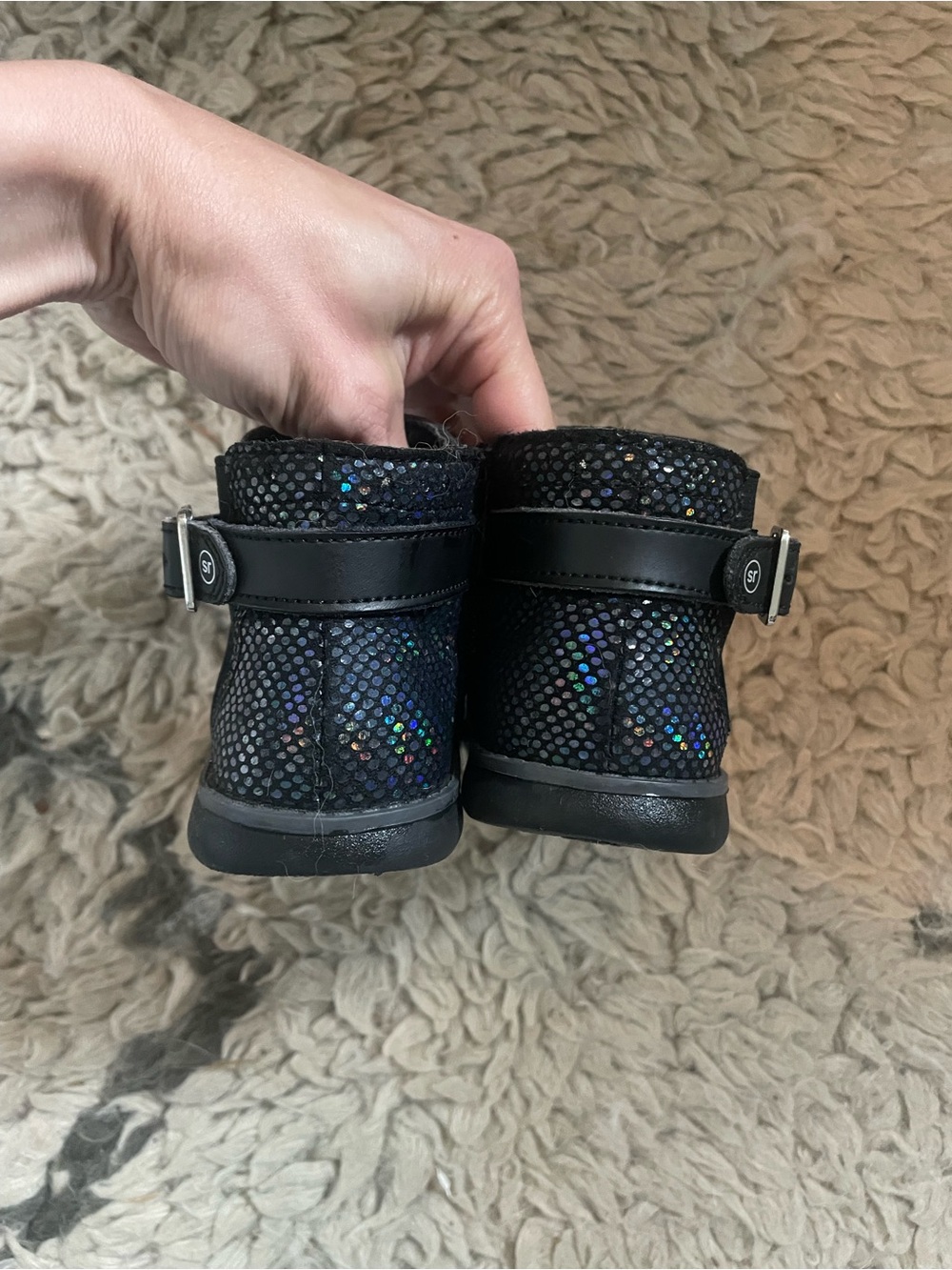 StrideRite Leather Sparkly Black Boots with Iridescent Sequins 8.5t / 24.5 EU